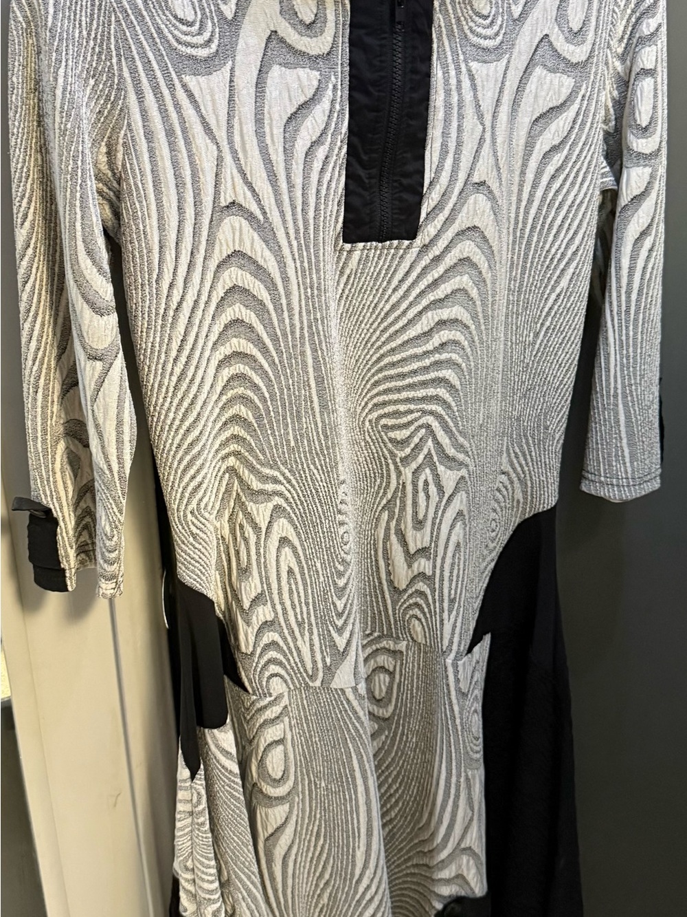 Dzhavael  Women's Midi Dress in Grey Black mixed media with zipper.